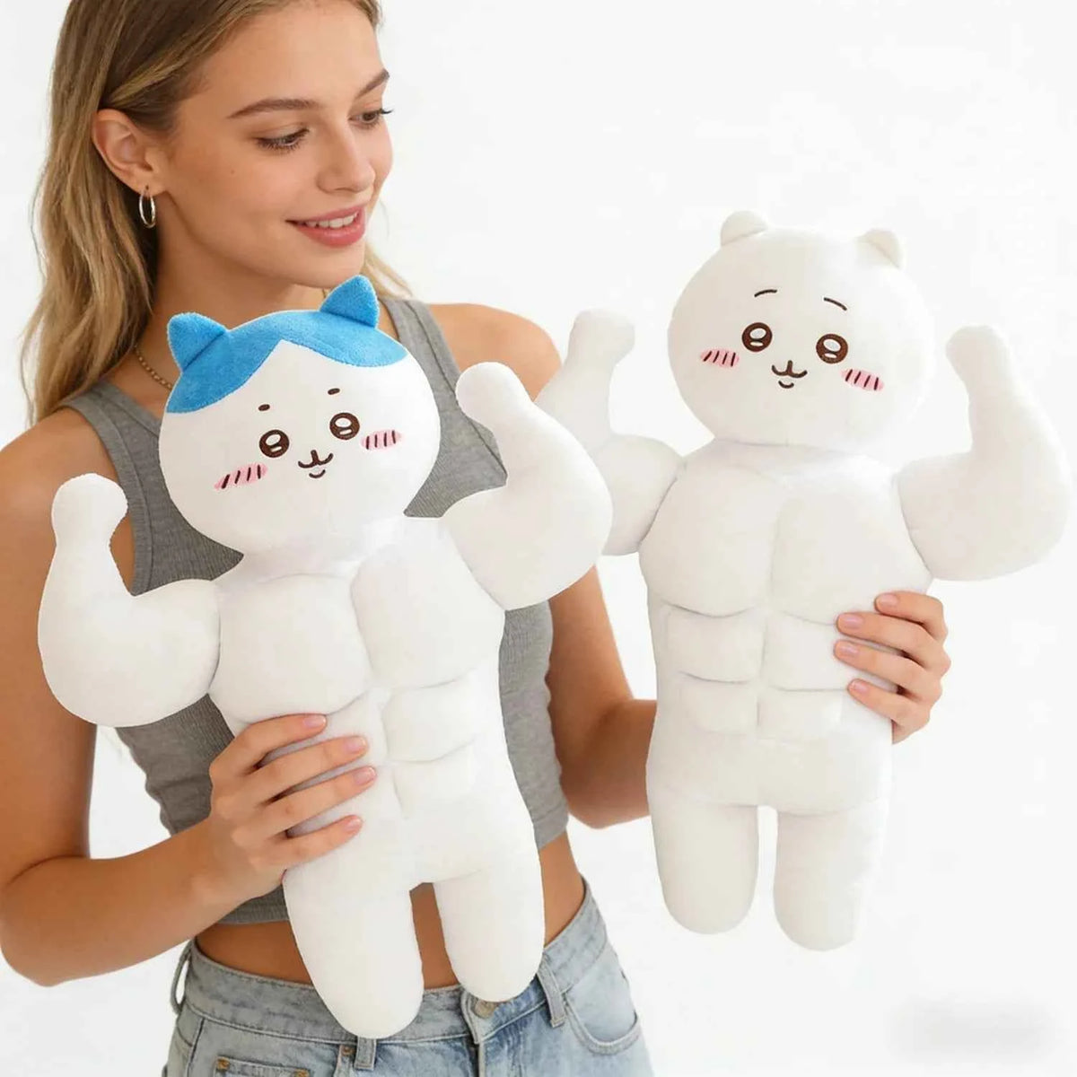 Kawaii Muscular Chiikawa Plush Pillow - Funny Buff Hachiware Usagi Stuffed Anime Doll and Fan Gift, 3 Characters and 2 Sizes
