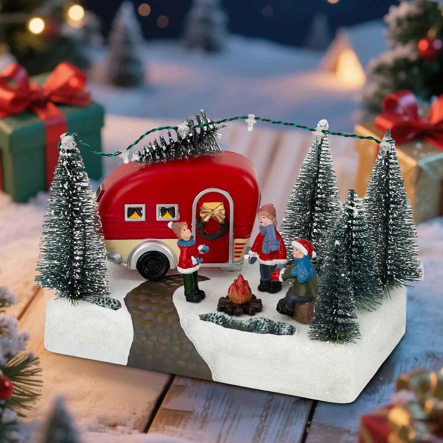 Christmas Camper Scene Figurine - LED Light Up Village Collection Indoor Decor