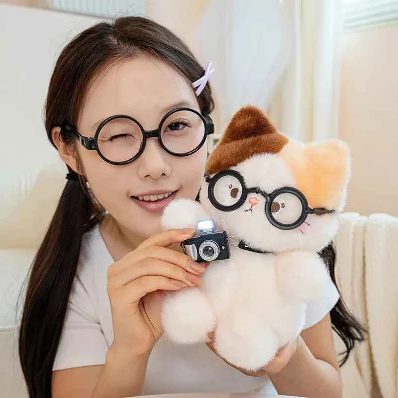 Kawaii Calico Cat Plush Doll with Glasses and Camera - Lifelike Weighted Tricolor Stuffed Animal Toy and Gift, 15cm and 20cm