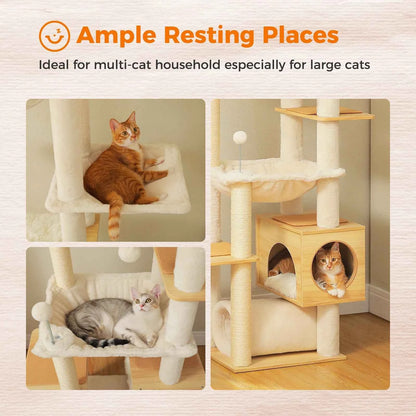 Height Adjustable Wooden Cat Tree Large Hammock Sisal Posts