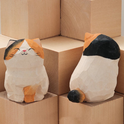 Handcrafted wood carving kitten statue Desk accessories Cat