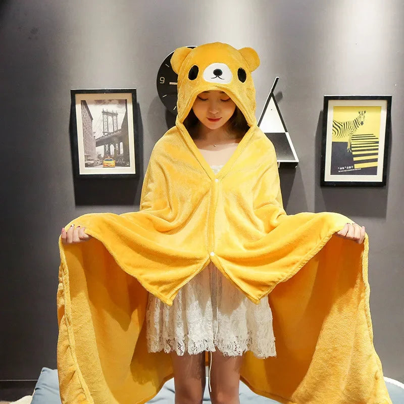 Cartoon Hooded Blanket Cape – Soft Flannel Wearable Shawl Blanket