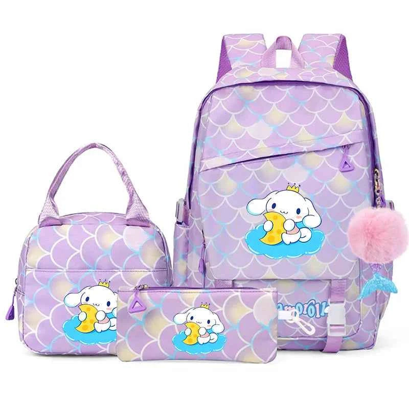 3PCS Cinnamoroll Fish Scale Backpack Set - Mermaid Pendant Lunch School Bag for Girls (17.7 in)