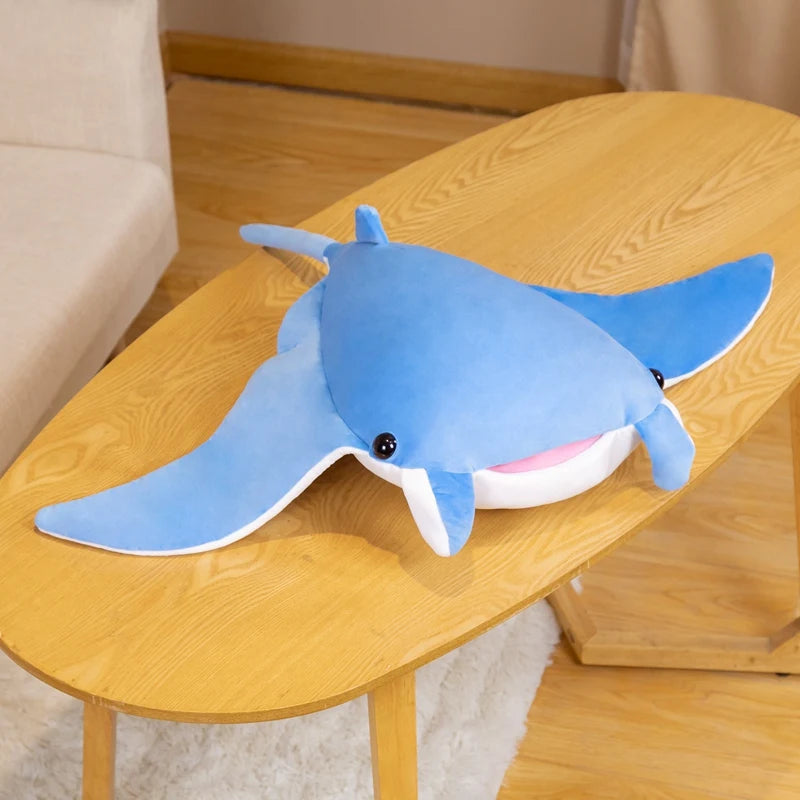 Kawaii Manta Ray Plush Pillow - Soft Stuffed Ocean Cuddle Toy and Gift, 2 Colors and 2 Sizes