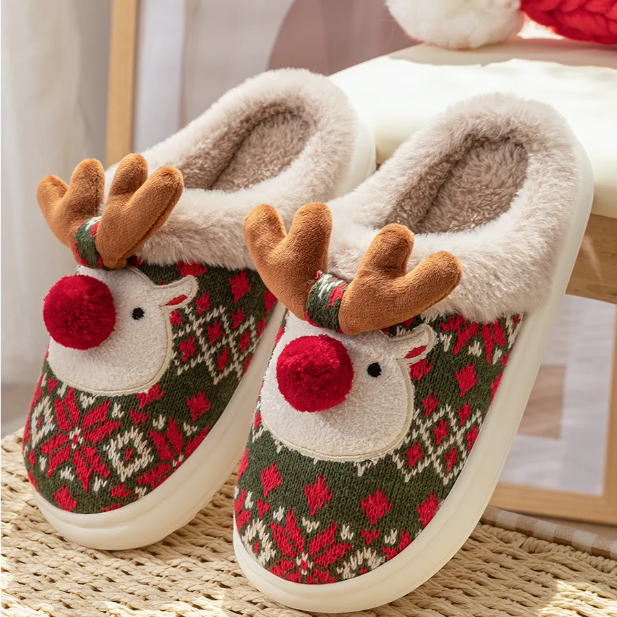 Lovely Christmas Deer Cotton Slippers - Women's Warm Non-Slip Indoor House Shoes