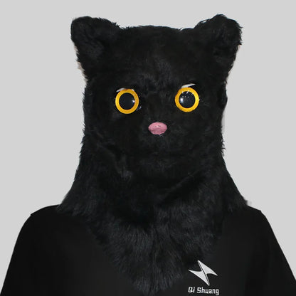 Movable Mouth Cat Mask – Realistic Full Head Cat Cosplay Mask Cat Black 19.7"–25.6" (50–65cm)