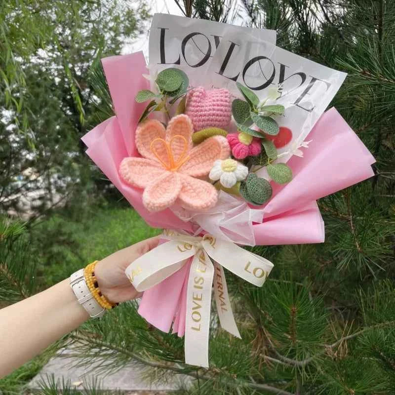 Finished Crochet Flower Bouquet (12.6-15.7 in) - Handmade Roses/Sunflowers/Carnations Gift