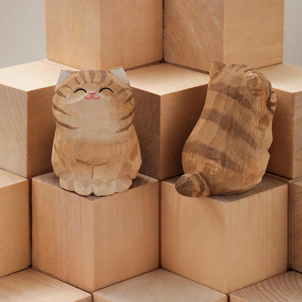 Handcrafted wood carving kitten statue Desk accessories Cat Cat-09