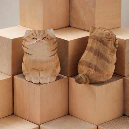 Handcrafted wood carving kitten statue Desk accessories Cat Cat-09