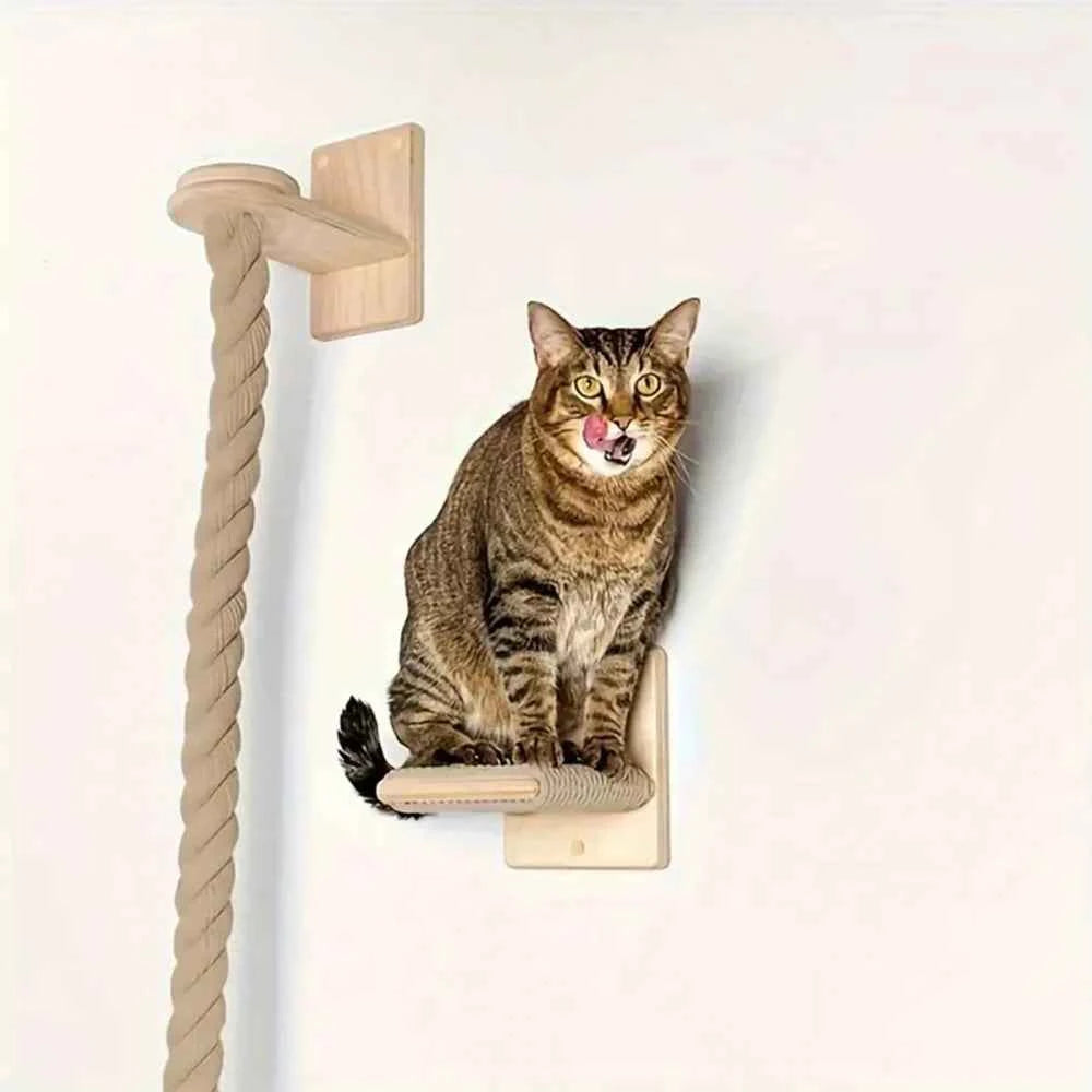 1 Piece Wall-mounted Cat Climbing Rope Solid Wooden Pedals