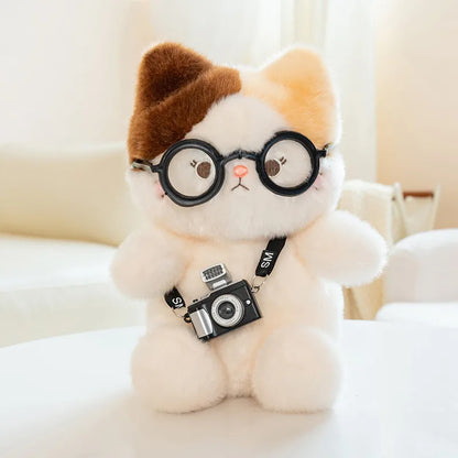 Kawaii Calico Cat Plush Doll with Glasses and Camera - Lifelike Weighted Tricolor Stuffed Animal Toy and Gift, 15cm and 20cm Multicolor