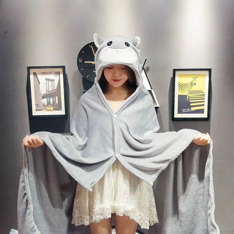Cartoon Hooded Blanket Cape – Soft Flannel Wearable Shawl Blanket