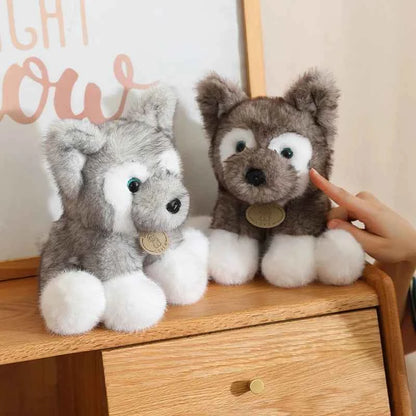 Plush Dog Husky Wolf Cub Stuffed Animal Soft Cuddly Realistic Lifelike Creative Brown Gray White Gift Kids Collectors LOVE Tag