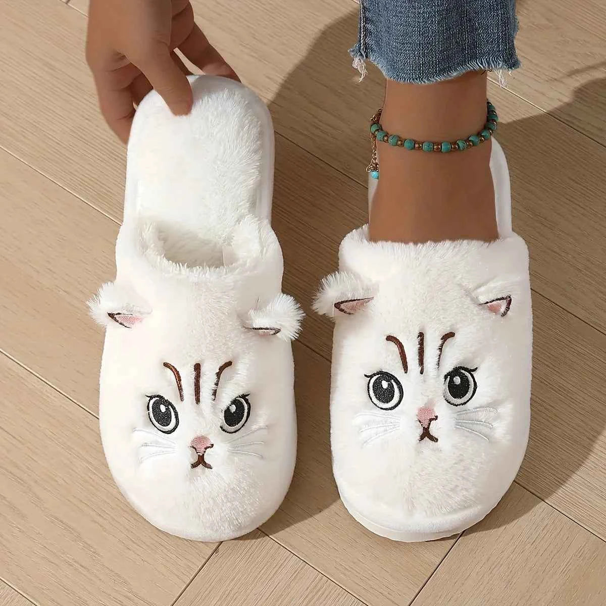 Kawaii Plush Cat Slippers - Women's Warm Winter Indoor Shoes with Soft Non-Slip EVA Sole
