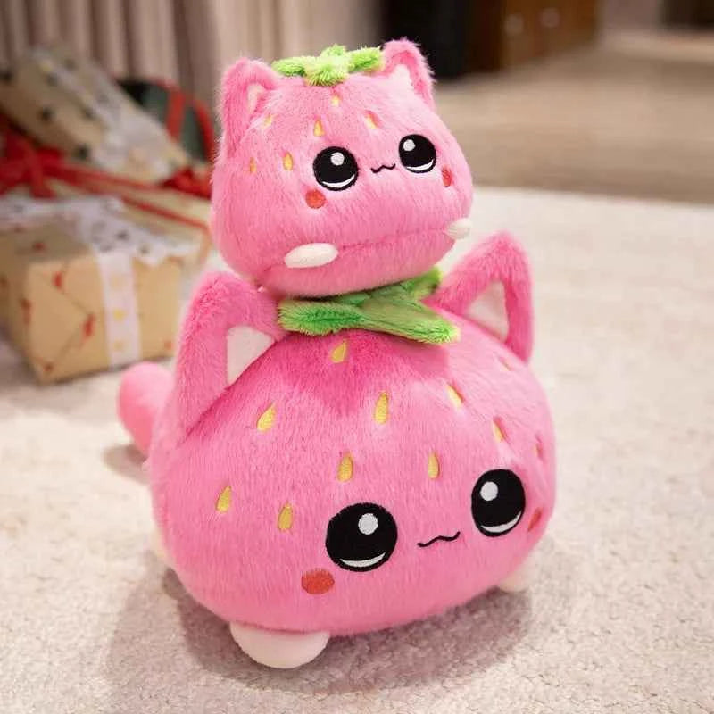 Kawaii Strawberry Kitten Ball Plush - Soft Big Eyes Cat Doll and Bag Charm, Pink, 3 Sizes Pink M-20cm (7.9")