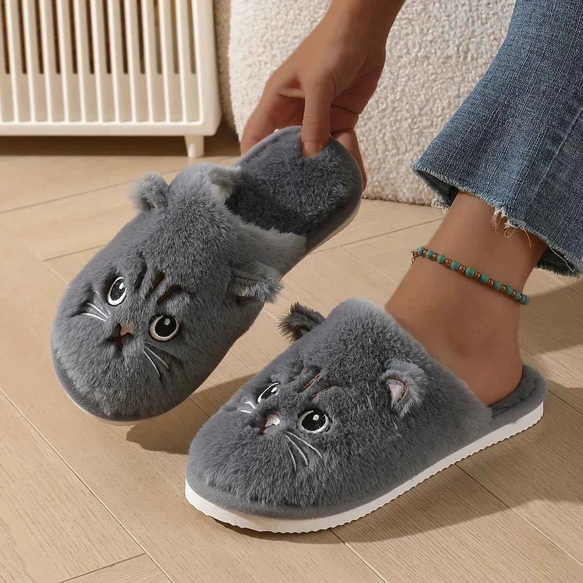 Kawaii Plush Cat Slippers - Women's Warm Winter Indoor Shoes with Soft Non-Slip EVA Sole
