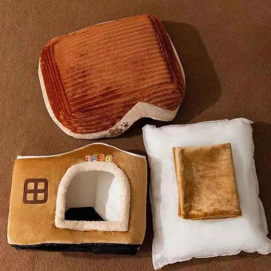 Kawaii Foldable Pet Castle House (Up to 19.3 in) - Soft Detachable Washable Cat Cave Nest