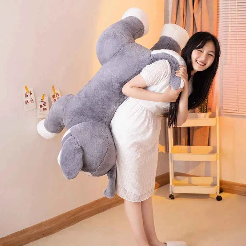 Kawaii Border Dog Plush Pillow – Simulation Puppy Stuffed Animal Cushion in Grey & Brown (50–100cm)
