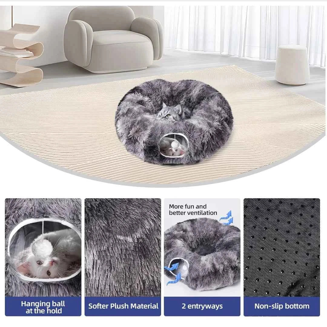 Plush Cat Tunnel Bed - 2-in-1 Interactive Cat Toy & Cozy Sleeping Bed with Removable Cover