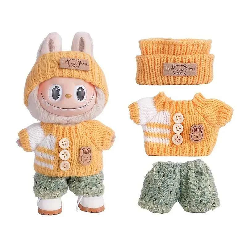 6.69inch Labubu Doll Clothes for buLabu with 3 Outfits - Stylish Fisherman Hat & Sweaters & Pants or skirt Set for 6.69inch Doll