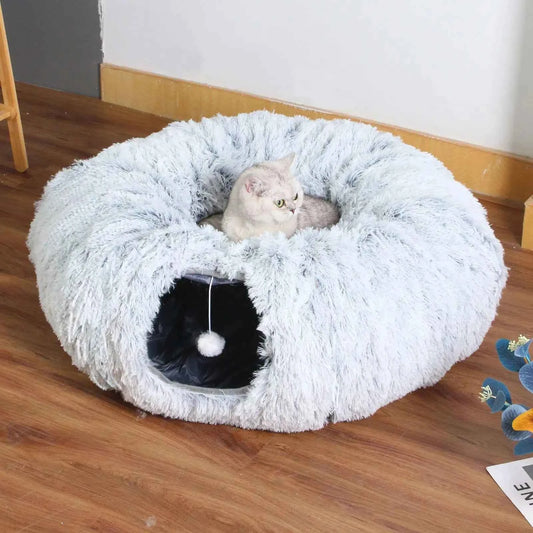 Plush Cat Tunnel Bed - 2-in-1 Interactive Cat Toy & Cozy Sleeping Bed with Removable Cover