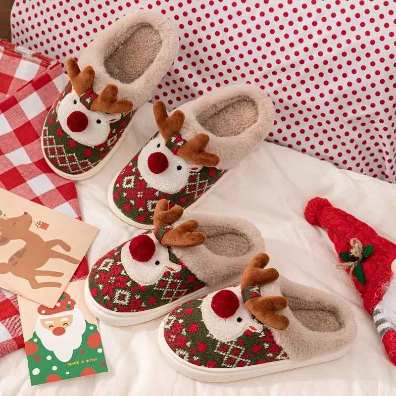 Cute Christmas Reindeer Slippers - Fleece-Lined Warm Indoor Fashion Slip-Ons