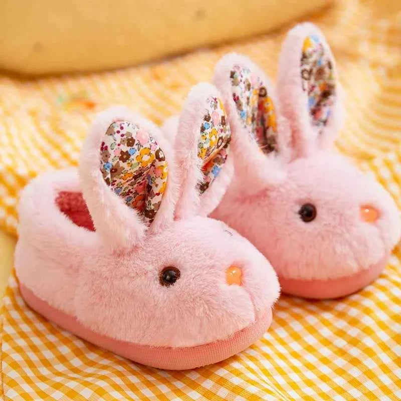 Kids Cartoon Rabbit Slippers – Warm Plush Indoor Anti-Slip Winter House Shoes for Boys & Girls Pink