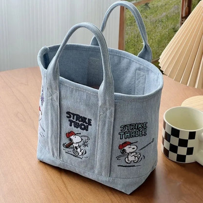 Snoopy Embroidered Canvas Tote Bag – Japanese Style Casual Handbag A S-8.3"x5.5"x3" (21x14x8cm)