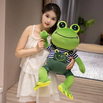 Kawaii Big Eye Frog Plush Toy – Soft Stuffed Cartoon Frog with Striped Overalls (30–50cm)