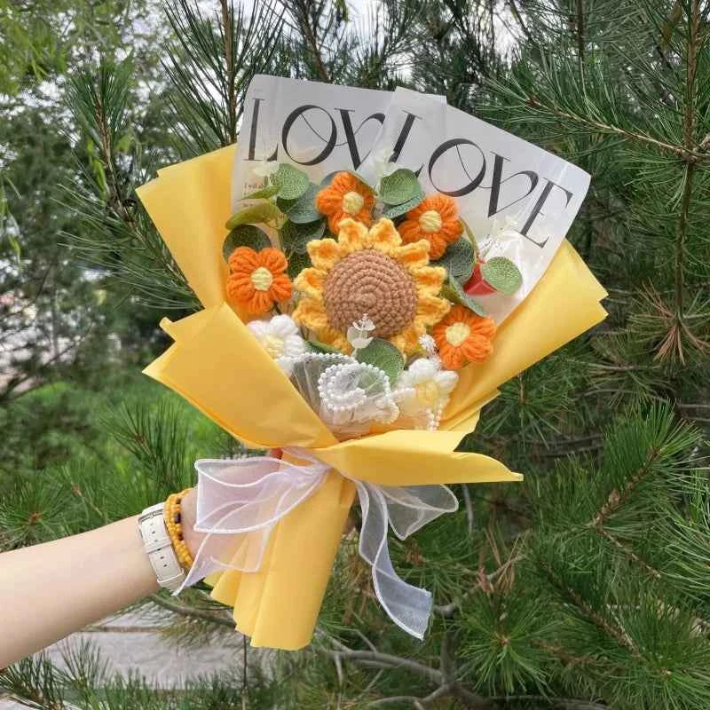 Finished Crochet Flower Bouquet (12.6-15.7 in) - Handmade Roses/Sunflowers/Carnations Gift