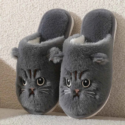 Kawaii Plush Cat Slippers - Women's Warm Winter Indoor Shoes with Soft Non-Slip EVA Sole