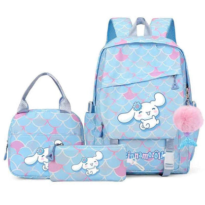 3PCS Cinnamoroll Fish Scale Backpack Set - Mermaid Pendant Lunch School Bag for Girls (17.7 in)