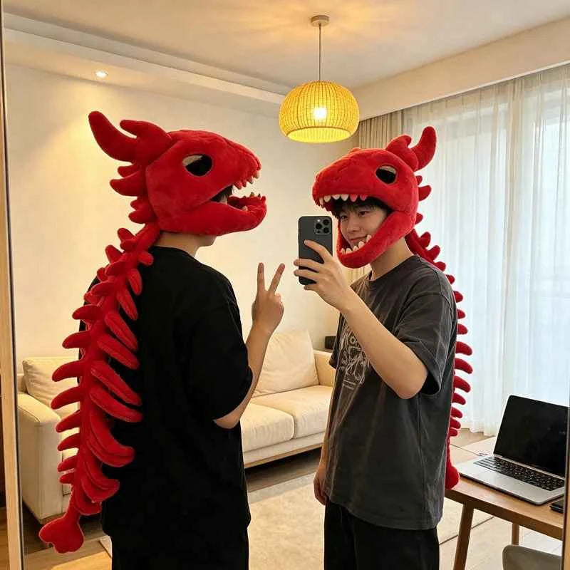 Dinosaur Plush Hat Celebrity-Style Cartoon Skeleton Headgear Soft Funny Doll Halloween Costume Toy Surprise Gift for All Ages