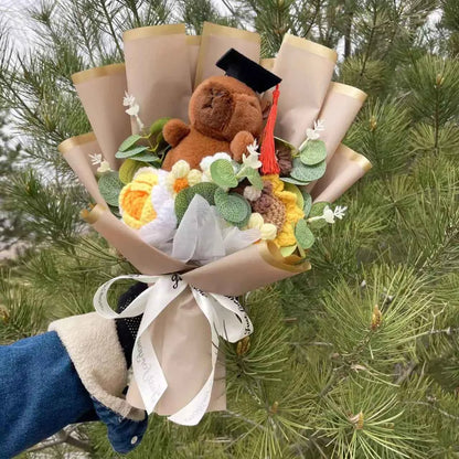 Kawaii Capybara Plush Bouquet (13.8 in) - Crochet Roses/Sunflowers Creative Gift