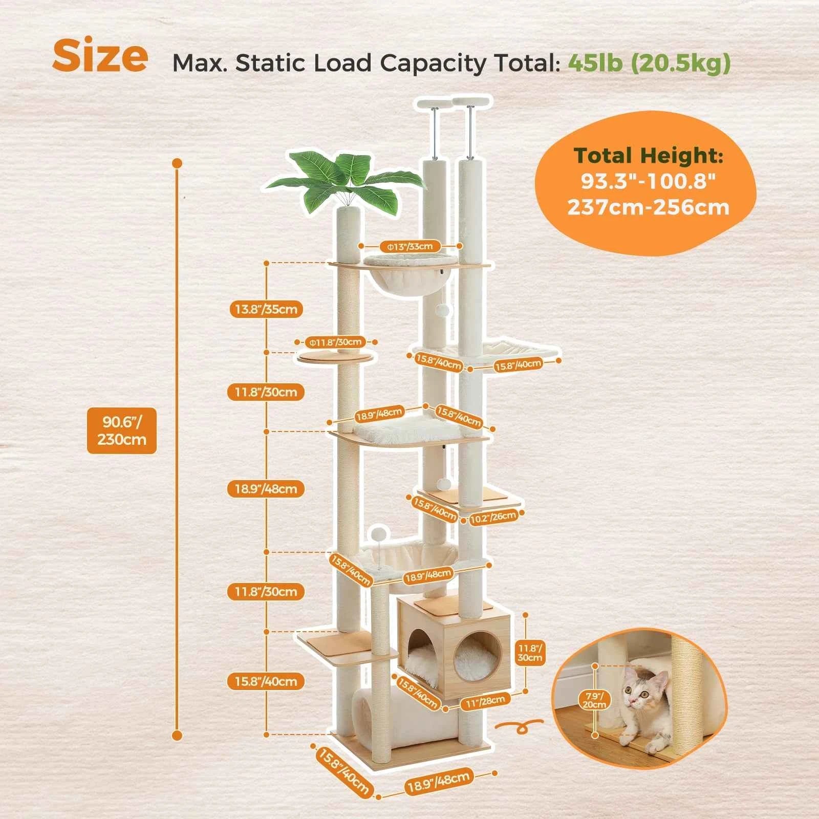 Height Adjustable Wooden Cat Tree Large Hammock Sisal Posts