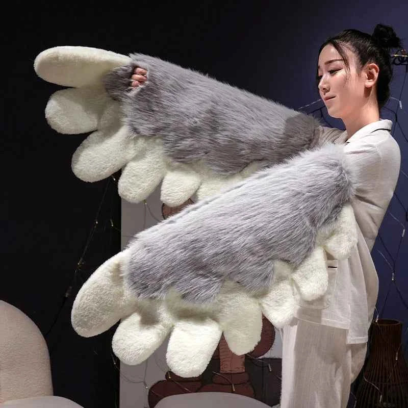 Kawaii Plush Cat Claw Mittens - Furry Fox Paws Gloves with Bird Wings for Halloween Cosplay