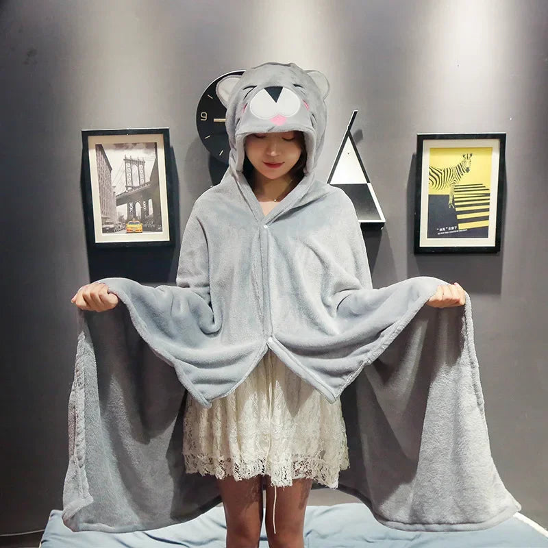 Cartoon Hooded Blanket Cape – Soft Flannel Wearable Shawl Blanket