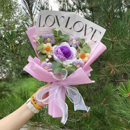 Finished Crochet Flower Bouquet (12.6-15.7 in) - Handmade Roses/Sunflowers/Carnations Gift