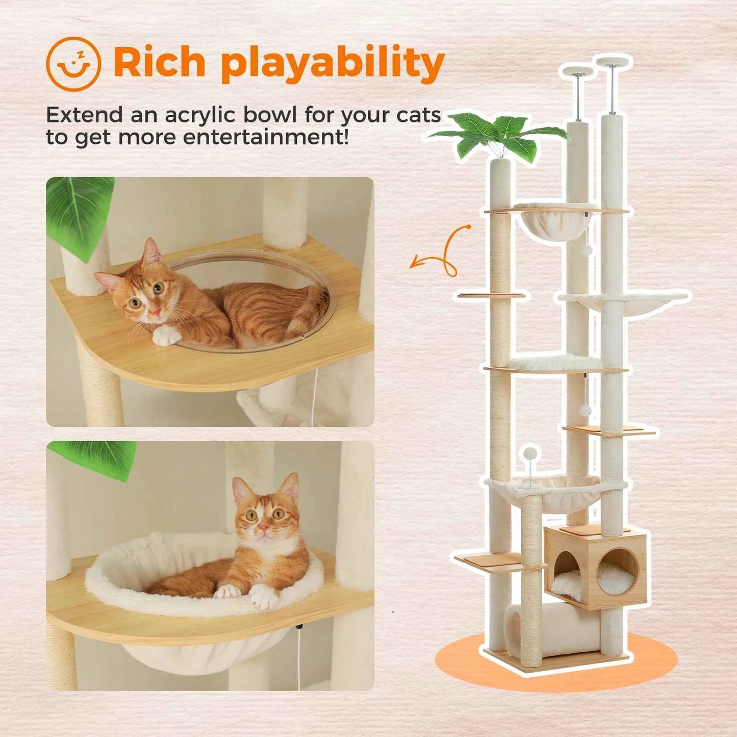 Height Adjustable Wooden Cat Tree Large Hammock Sisal Posts