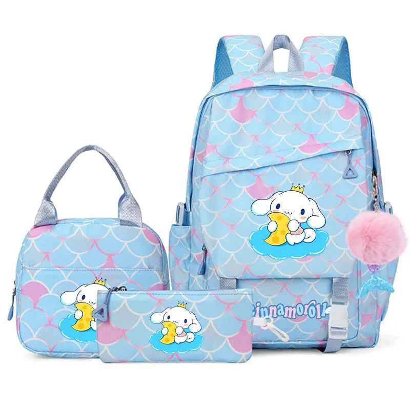 3PCS Cinnamoroll Fish Scale Backpack Set - Mermaid Pendant Lunch School Bag for Girls (17.7 in)
