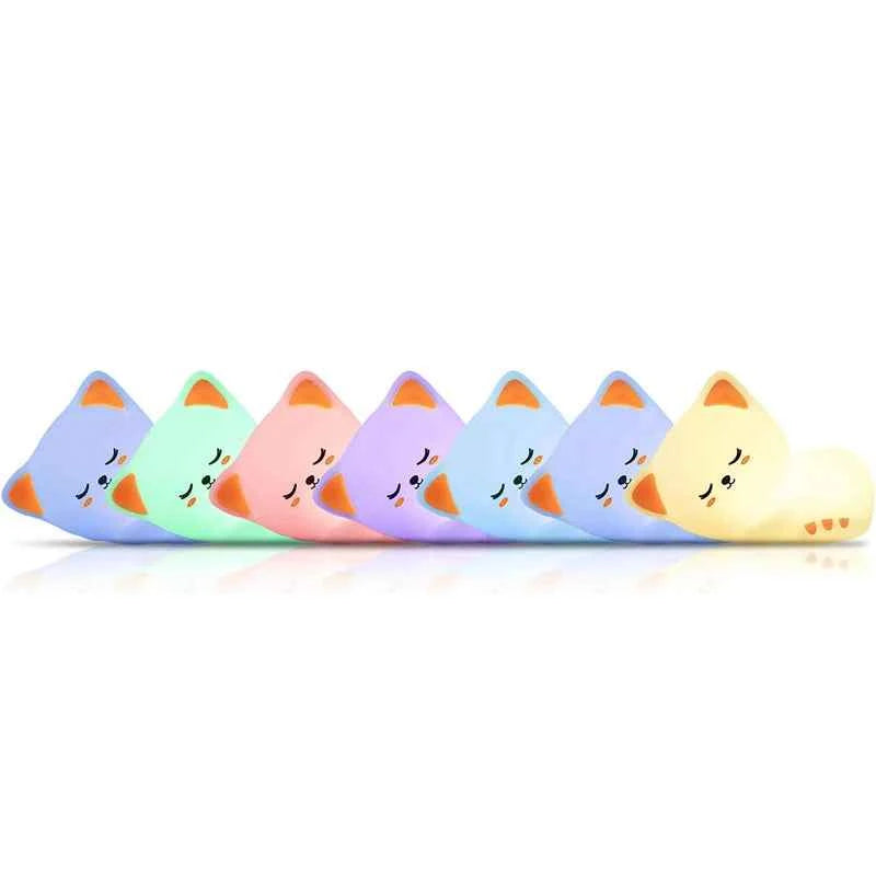 Kawaii Cat Silicone Night Light 7 Colors & Timer (3.9 in) - Nursery Rechargeable Lamp