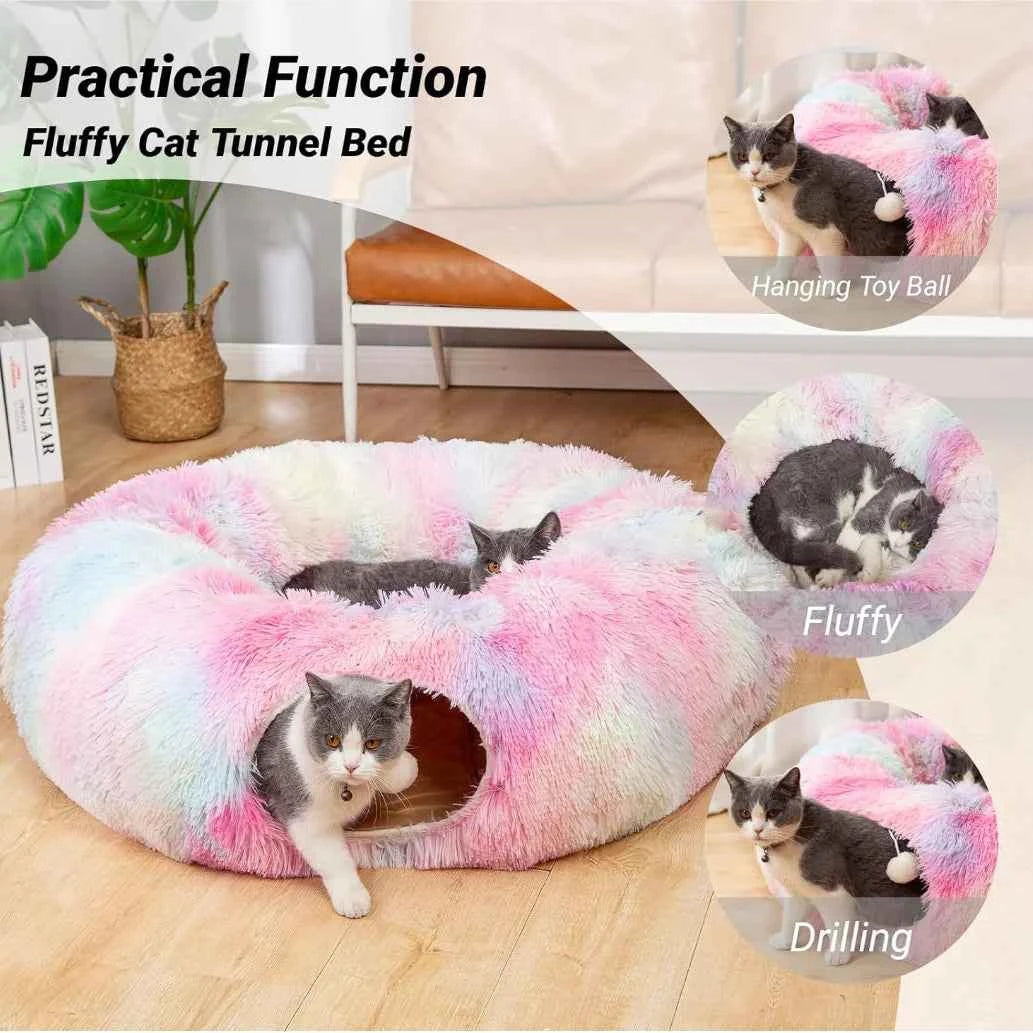 Plush Cat Tunnel Bed - 2-in-1 Interactive Cat Toy & Cozy Sleeping Bed with Removable Cover