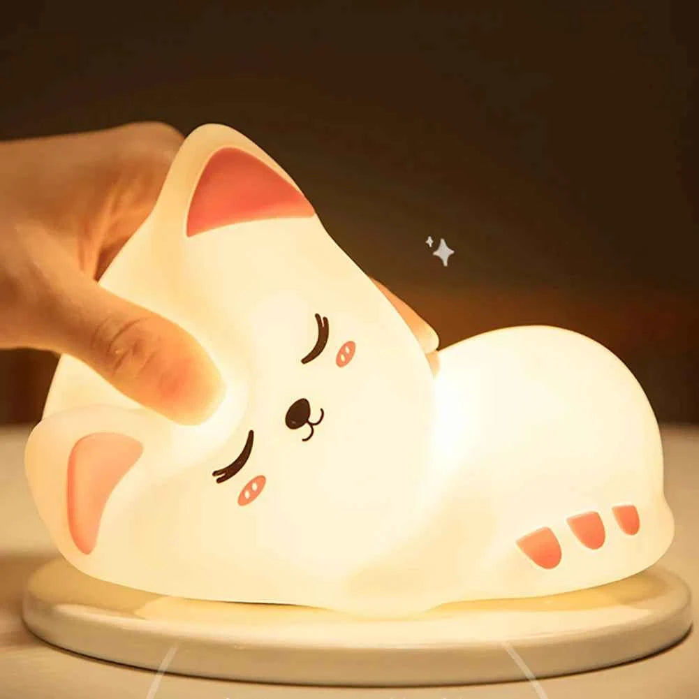 Kawaii Cat Silicone Night Light 7 Colors & Timer (3.9 in) - Nursery Rechargeable Lamp