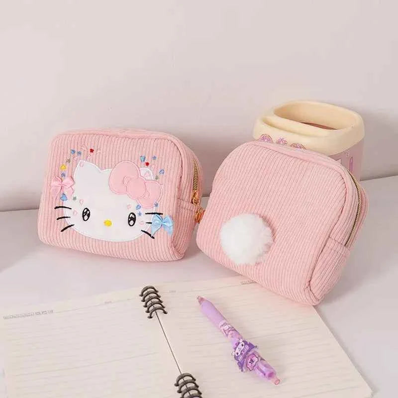 Lovely Hello Kitty Corduroy Cosmetic Bag - Pink Embroidery Cat Plush Purse (6.30 inches)