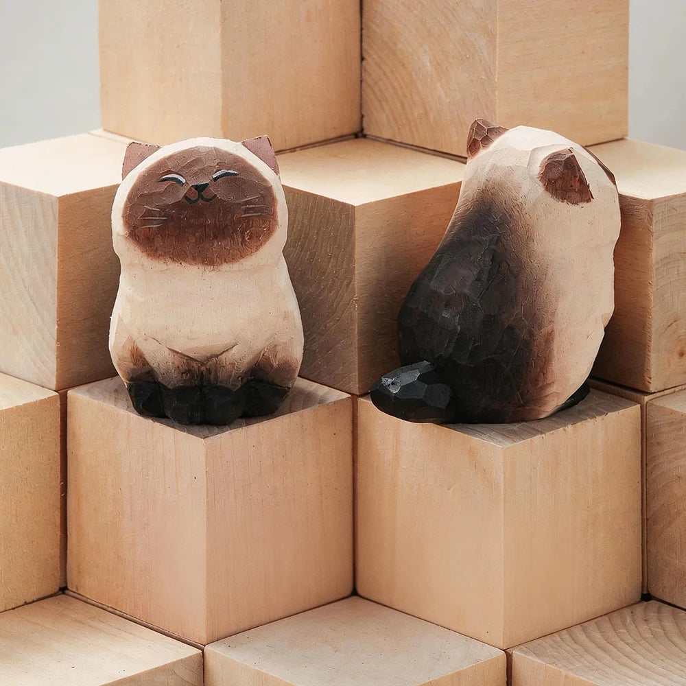 Handcrafted wood carving kitten statue Desk accessories Cat Cat-02