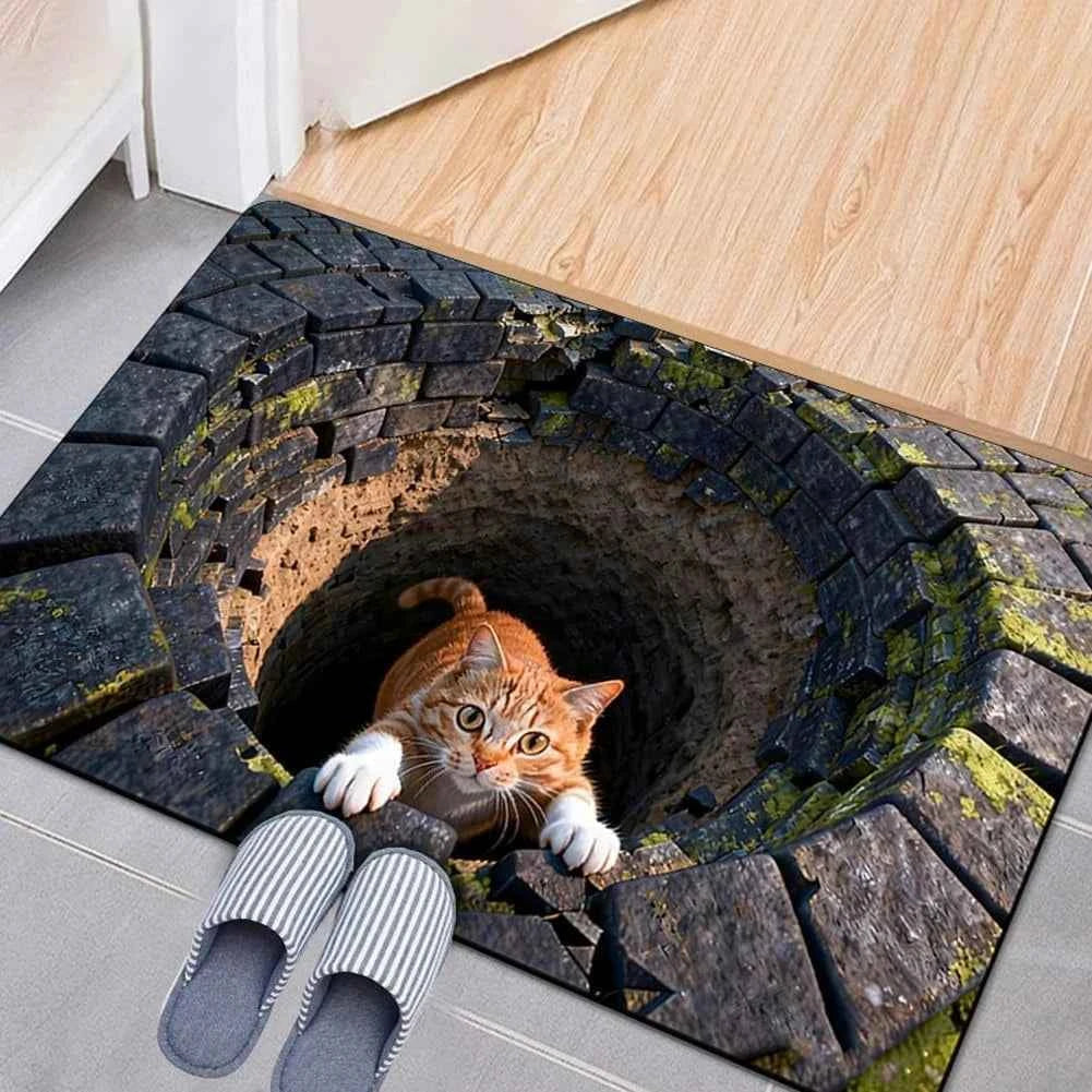 3D Optical Illusion Cat Round Hole Door Mat Daily Home Room 1