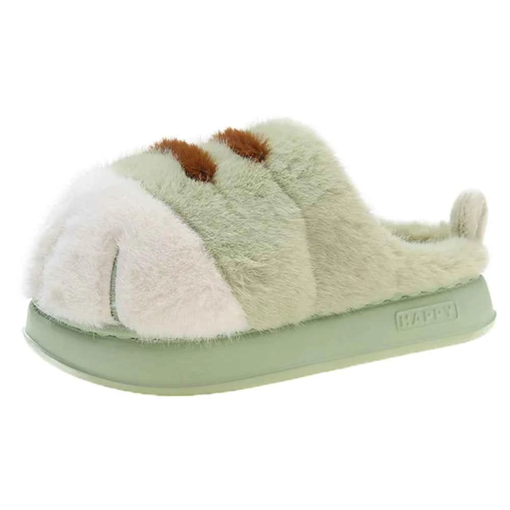 3D Cat Paw Plush Slippers Warm Slip-on House Shoes Furry green