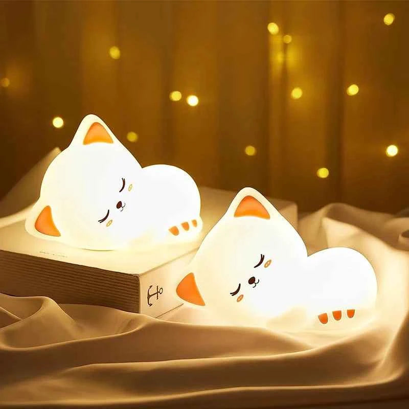 Kawaii Cat Silicone Night Light 7 Colors & Timer (3.9 in) - Nursery Rechargeable Lamp