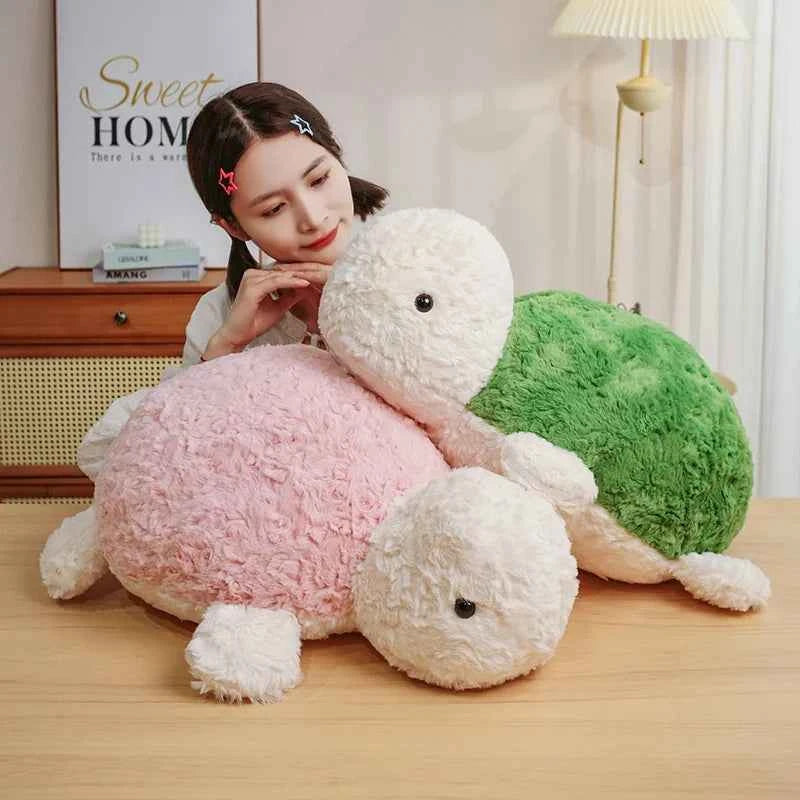 Kawaii Tortoise Plush Pillow – Soft Stuffed Sea Turtle Cushion in Green & Pink (25–60cm)