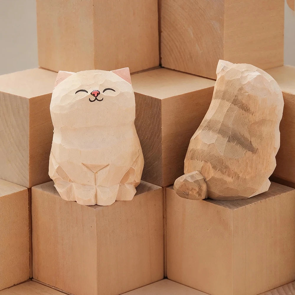 Handcrafted wood carving kitten statue Desk accessories Cat Cat-03
